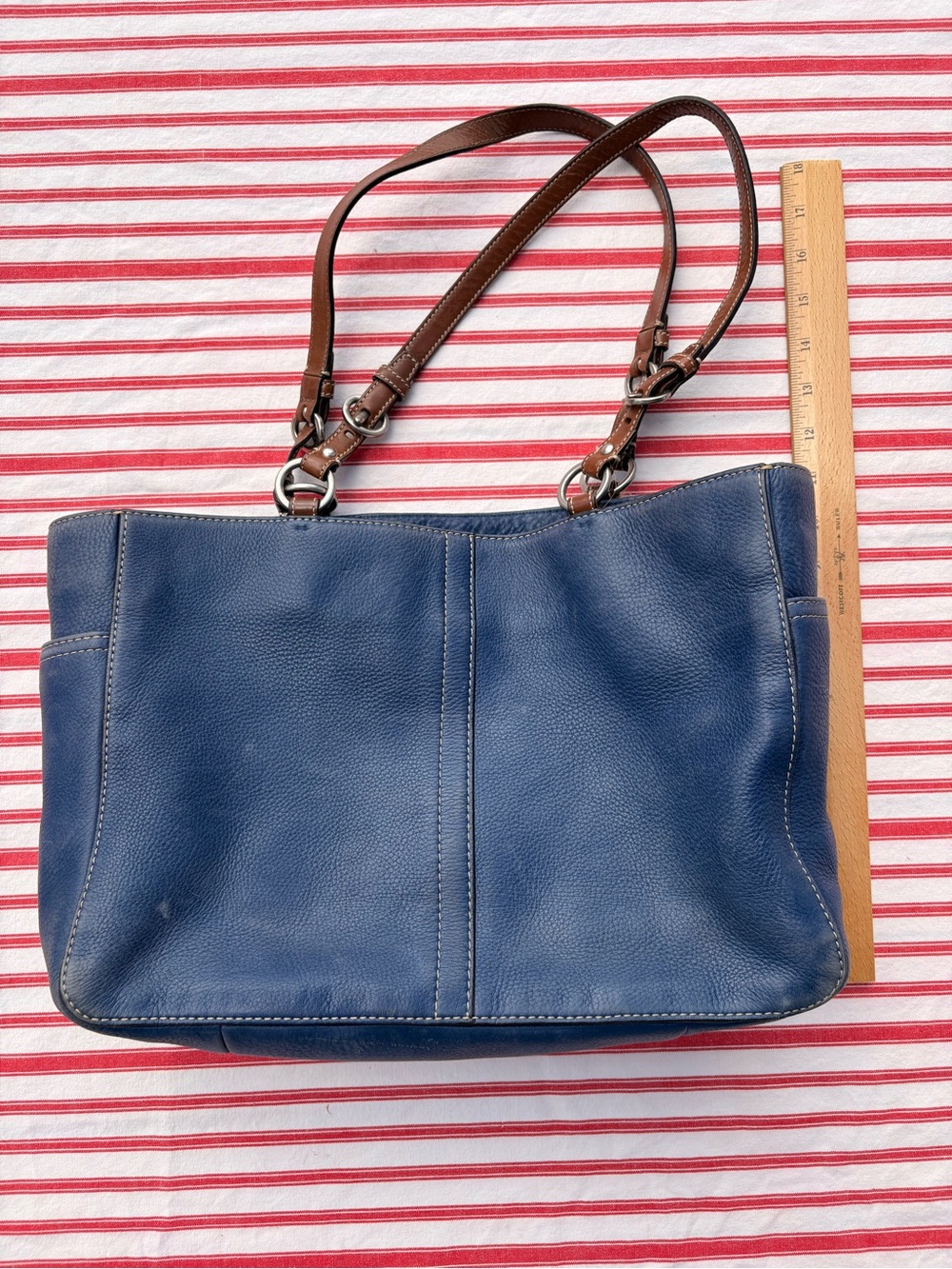 Coach Navy Leather Shoulder Bag with Brown Straps